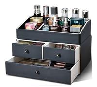 KINGFOM Organizer Trucchi, Porta Trucchi Organizer, 2 Livelli Organizzatore di Trucco con Cassetti per Comò, Bagno, Camera da letto, in Pelle PU (Nero)
