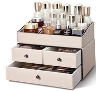 KINGFOM Organizer Trucchi, Porta Trucchi Organizer, 2 Livelli Organizzatore di Trucco con Cassetti per Comò, Bagno, Camera da letto, in Pelle PU (Beige)