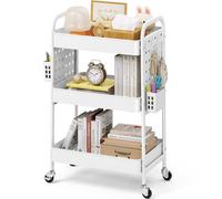 KINGRACK Carrello con Ruote Portatutto a 3 Livelli con Pannello Forato Fai da Te - Carrello Multifunzione in Metallo con Ruote, Maniglia, Cestini e Ganci - Per Bagno, Cucina, Ufficio, Bianco