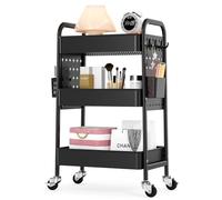 KINGRACK Carrello con Ruote Portatutto a 3 Livelli con Pannello Forato Fai da Te - Carrello Multifunzione in Metallo con Ruote, Maniglia, Cestini e Ganci - Per Bagno, Cucina, Ufficio, Nero