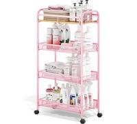 KINGRACK Carrello Cucina Salvaspazio Stretto a 4 Ripiani - Carrello Metallico con Piano Legno e Cestello Rete - Per Cucine, Bagni, Camere in Spazi Ridotti, Rosa
