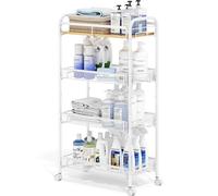 KINGRACK Carrello Cucina Salvaspazio Stretto a 4 Ripiani - Carrello Metallico con Piano Legno e Cestello Rete - Per Cucine, Bagni, Camere in Spazi Ridotti, Bianco