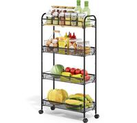 KINGRACK Carrello da cucina stretto a 4 livelli con ruote in legno e cesti scorrevoli, carrello in metallo per spazi ristretti in cucina, bagno, dormitorio e camera da letto, nero
