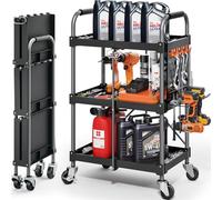 KINGRACK Carrello di Servizio Pieghevole a 3 Ripiani con Ruote e Maniglia Ergonomica, Carrello Portautensili Multiuso, Carrello Porta Attrezzi, Carrello Portaoggetti Casa Ufficio Garage Officina, Nero