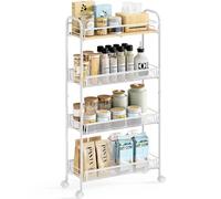 KINGRACK Carrello sottile in metallo, a 4 ripiani, con piano in legno, per spazi ristretti su lavanderia, bagno, cucina, camera da letto, appartamenti, dormitorio (bianco puro, sottile)