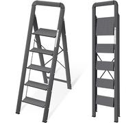 KINGRACK Scala 5 Gradini in Alluminio, Leggera con Corrimano, Blocco di Sicurezza, Pedali Antiscivolo, Scala Pieghevole per Cucina Garage Casa, Salvaspazio, Robusta e Portatile, Massima 150kg, Nero