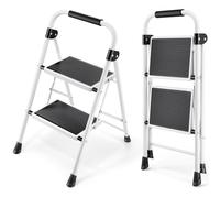 KINGRACK Scala a 2 gradini, scala pieghevole con pedale antiscivolo e largo, scala piccola con maniglia, in acciaio robusta, leggera e portatile, bianco