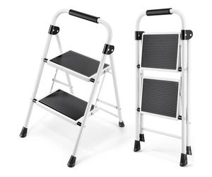 KINGRACK Scala a 2 gradini, scala pieghevole con pedale antiscivolo e largo, scala piccola con maniglia, in acciaio robusta, leggera e portatile, bianco
