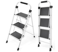 KINGRACK Scala a 3 gradini, scala pieghevole con pedale antiscivolo e largo, scala piccola con maniglia, in acciaio robusta, leggera e portatile, bianco