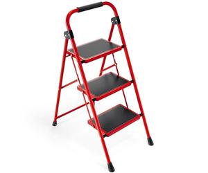 KINGRACK Scala a 3 gradini, scala pieghevole con pedale antiscivolo e largo, scaletta piccola con maniglia, sgabello in acciaio robusta, scaletto leggera e portatile, rossa