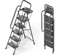 KINGRACK Scala pieghevole a 5 gradini, portatile, multiuso, per casa, cucina, sgabello in acciaio resistente con pedali larghi antiscivolo, corrimano, design con blocco sicuro, test di carico fino a