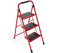 KINGRACK Scala Pieghevole in Acciaio - 3 Gradini, Larga con Pedale Antiscivolo, Rossa