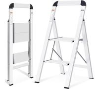 KINGRACK Scaletta 2 Gradini di Pieghevole, Scala in Alluminio con Corrimano, con Dispositivo di Protezione di Sicurezza. Gradini Antiscivolo, Massima 150kg, Argento