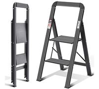 KINGRACK Scaletta 2 Gradini di Pieghevole, Scala in Alluminio con Corrimano, con Dispositivo di Protezione di Sicurezza. Gradini Antiscivolo, Massima 150kg, Nero