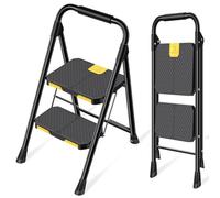 KINGRACK Scaletta 2 Gradini, Scala Pieghevole Domestica con Blocco di Sicurezza, Acciaio Portata 360kg con Ampio Pedale Antiscivolo, Corrimano Comoda, Cucina Casa Ufficio, Nero