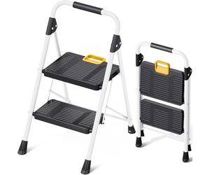 KINGRACK Scaletta 2 Gradini, Scala Pieghevole Portata 150 kg, con Blocco di Sicurezza, Ampio Pedale Antiscivolo, Corrimano, Scala Domestica Leggera in Acciaio, per Casa Cucina Armadi Ufficio, Bianco