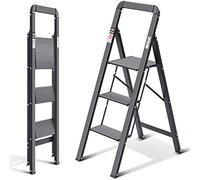 KINGRACK Scaletta 3 Gradini di Pieghevole, Scala in Alluminio con Corrimano, con Dispositivo di Protezione di Sicurezza. Gradini Antiscivolo, Massima 150kg, Nero