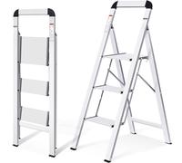 KINGRACK Scaletta 3 Gradini di Pieghevole, Scala in Alluminio con Corrimano, con Dispositivo di Protezione di Sicurezza. Gradini Antiscivolo, Massima 150kg, Argento
