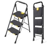 KINGRACK Scaletta 3 Gradini, Scala Pieghevole Domestica con Blocco di Sicurezza, Acciaio Portata 360kg con Ampio Pedale Antiscivolo, Corrimano Comoda, Cucina Casa Ufficio, Nero
