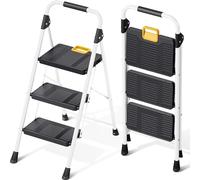 KINGRACK Scaletta 3 Gradini, Scala Pieghevole Portata 360 kg, con Blocco di Sicurezza, Ampio Pedale Antiscivolo, Corrimano, Scala Domestica Leggera in Acciaio, per Casa Cucina Armadi Ufficio, Bianco