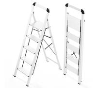 KINGRACK Scaletta 5 Gradini Pieghevole in Alluminio Leggera con Corrimano, Blocco di Sicurezza, Pedali Antiscivolo, Scala per Cucina Garage Casa, Salvaspazio Robusta e Portatile Massima 150kg, Argento