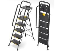 KINGRACK Scaletta 5 Gradini, Scala Pieghevole con Vaschetta Portaoggetti e Corrimano di Sicurezza, Scala Domestica in acciaio con Pedale Largo Antiscivolo, per casa, cucina, dispensa, armadi, ufficio
