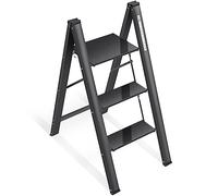 KINGRACK Scaletta a 3 gradini, scala pieghevole in alluminio, sgabello portatile sottile, scaletta di sicurezza per uso domestico con multifunzione (Nero, 3 Passi)