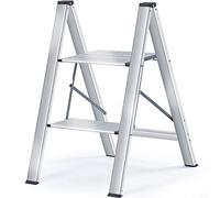 KINGRACK Scaletta pieghevole in alluminio a 2 gradini, sgabello portatile sottile, scaletta di sicurezza per uso domestico con multifunzione (Argento, 2 Passi)