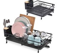 KINGRACK Scolapiatti da Appoggio, Scolapiatti Estensibile(32.5-54CM), Scolapiatti in Acciaio Inossidabile con Porta Utensili Beccuccio di Drenaggio Girevole, Nero