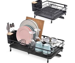 KINGRACK Scolapiatti da Appoggio, Scolapiatti Estensibile(32.5-54CM), Scolapiatti in Acciaio Inossidabile con Porta Utensili Beccuccio di Drenaggio Girevole, Nero