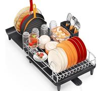 KINGRACK Scolapiatti espandibile e pieghevole, in acciaio inox, con portaposate, colore: nero