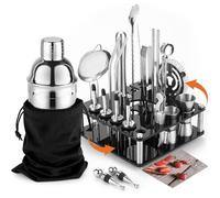 KINGROW Mixology - Set di shaker per cocktail, kit completo da 29 pezzi per barista e strumenti da bar con supporto rotante in acrilico, set professionale da bar per mescolare bevande, casa, bar,