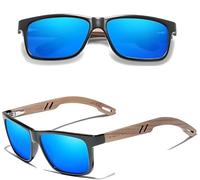 KINGSEVEN Occhiali da Sole in Legno per Uomo e Donna I Occhiali Polarizzati, Unisex, fatti a mano, con aste in legno di noce I Protezione UV400 I Lenti a Specchio alla Moda I Blu
