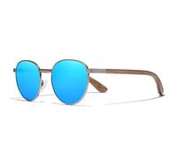 KINGSEVEN Occhiali da Sole Rotondi in Legno di Noce Uomo Donna Occhiali Retrò Alla Moda a Specchio Polarizzati W5519 (Blu)