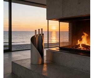 Kingson Set di accessori per camino, 3 pezzi, moderno set di attrezzi per caminetto, con spazzola, pala e attizzatoio, supporto rotondo da pavimento, altezza 52,5 cm, manico in legno