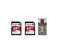 Kingston Canvas React Plus - Scheda SD U3 V90 da 64 GB (confezione da 2) con lettore di schede Focus All-in-One ad alta velocità (3 articoli)