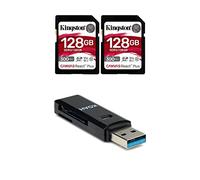 Kingston Canvas React Plus - Scheda SD U3 V90 SDXC UHS-II da 128 GB, confezione da 2 pezzi, con lettore di schede di memoria USB 3.0 2 in 1 (3 articoli)