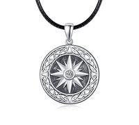 KINGWHYTE Collana con ciondolo a forma di bussola, in argento Sterling 925, da uomo, colore nero, con corda in pelle, lunghezza 50 cm, Argento sterling