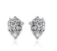 KINGWHYTE Orecchini a forma di lupo vichingo, in argento sterling 925, con testa di lupo celtico, idea regalo per uomini e donne, Argento sterling, Nessuna pietra preziosa