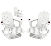 KINGYES Adirondack - Set di 2 sedie a dondolo pieghevoli Adirondack con pouf (base a dondolo rimovibile), HDPE, resistente a tutte le intemperie, sedia Adirondack con portabicchieri, bianco