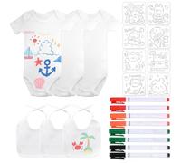 KingYH 3 Pezzi Bavaglini da Dipingere Bianco Bavaglino da Colorare per 6 Mesi Bambini 3 Body a Manica Corta 37x19cm con 8 Pennarelli per Tessuti e 8 Stencil per Pittura Regalo per Baby Shower Festa