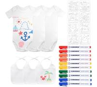 KingYH 3 Pezzi Bavaglini da Dipingere Bianco Bavaglino da Colorare per 9 Mesi Bambini 3 Body a Manica Corta 40x21cm con 10 Pennarelli per Tessuti e 8 Stencil per Pittura Regalo per Baby Shower Festa