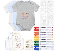 KingYH 3 Pezzi Bavaglini da Dipingere colorato Bavaglino da Colorare per 6 Mesi Bambini 3 Body a Manica Corta 38x22cm con 10 Pennarelli per Tessuti e 8 Stencil per Pittura Regalo per Baby Festa
