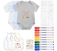 KingYH 3 Pezzi Bavaglini da Dipingere colorato Bavaglino da Colorare per 9 Mesi Bambini 3 Body a Manica Corta 40x24cm con 10 Pennarelli per Tessuti e 8 Stencil per Pittura Regalo per Baby Festa