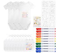 KingYH 8 Pezzi Bavaglini da Dipingere Bianco Bavaglino da Colorare per 9 Mesi Bambini 3 Body a Manica Corta 40x21cm con 10 Pennarelli per Tessuti e 8 Stencil per Pittura Regalo per Baby Shower Festa