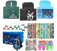 KingYH 99 pezzi Videogiochi Forniture per Festa Bambini 6 7 8 9 10 anni compleanno bambini regali ospiti con sacchetti per feste timbro portachiavi adesivi braccialetti a scatto e tovaglia videogioco