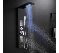KINKIBOS Colonna doccia a LED con miscelatore, 5 modalità: pioggia e cascata, getti massaggianti corpo, doccetta e beccuccio per vasca da bagno, pannello doccia in acciaio inox nero