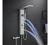 KINKIBOS Pannello doccia a LED senza rubinetto, pannello doccia a 4 funzioni, con doccia a pioggia, 3 getti massaggianti, doccetta e beccuccio per vasca da bagno, colonna doccia in acciaio inox 304