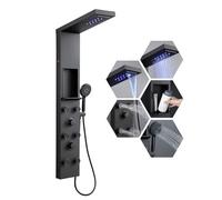 KINKIBOS Pannello doccia con rubinetto e ripiano LED nero opaco, 4 modalità colonna doccia a pioggia e cascata, 6 getti massaggianti regolabili, doccetta a mano, colonna doccia in acciaio inox