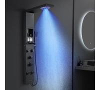 KINKIBOS Pannello doccia con rubinetto e ripiano, nero opaco, 5 funzioni, colonna doccia a LED, pioggia e nebbia, 4 getti massaggianti regolabili, doccetta e beccuccio a cascata, acciaio inox